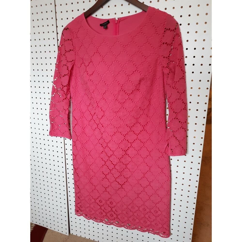 Talbots Pink Eyelet Sheath Dress Cotton Scalloped Hemline 3/4 sleeve Size 2